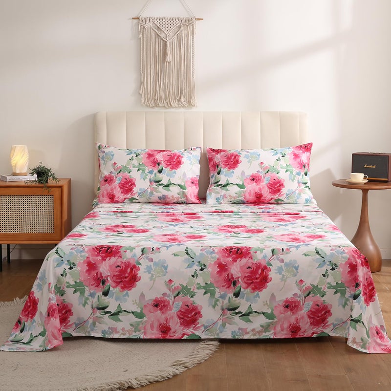 JSD Watercolor Rose Floral Sheet Set Queen Size, 4 Piece Soft Printed Microfiber Sheets Extra Deep Pocket - Image 3